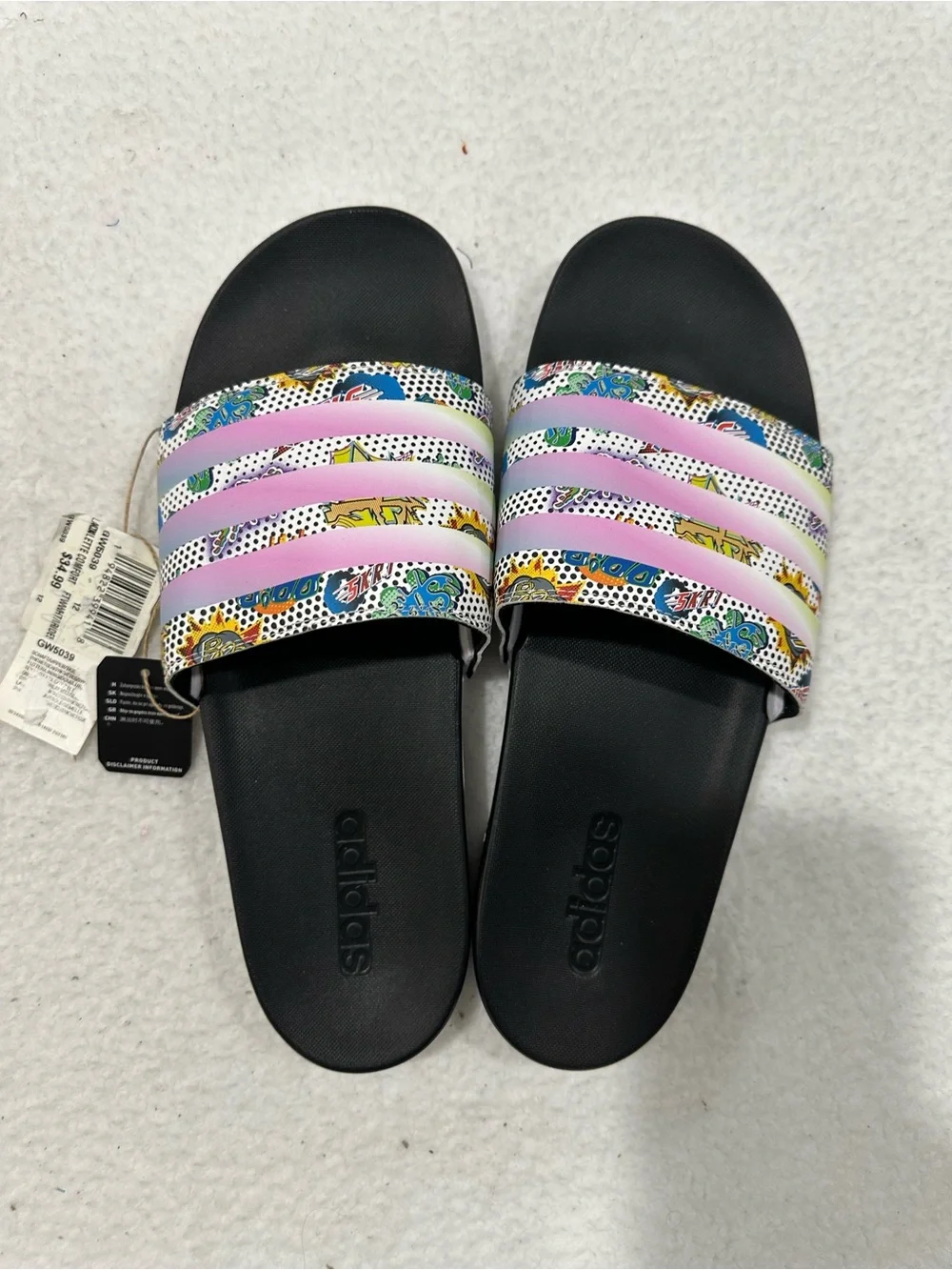 Adidas Black Slide Sandals with Pastel Multi-Color Strap